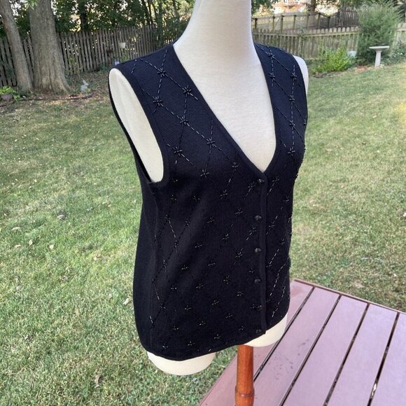 Alfred Dunner Womens Black Knit Vest W/ Button Front & Embellished Diamond Desig - Picture 2 of 6
